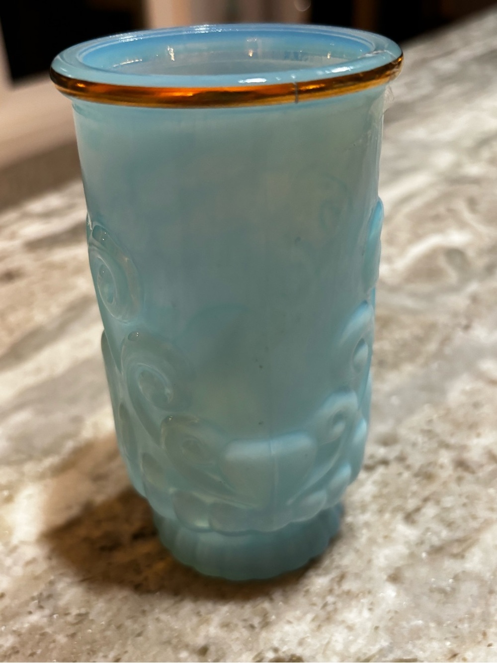 Vintage Avon Blue Satin Glass Tumbler w/ Gold Rim – Embossed Scroll - Picture 2 of 4